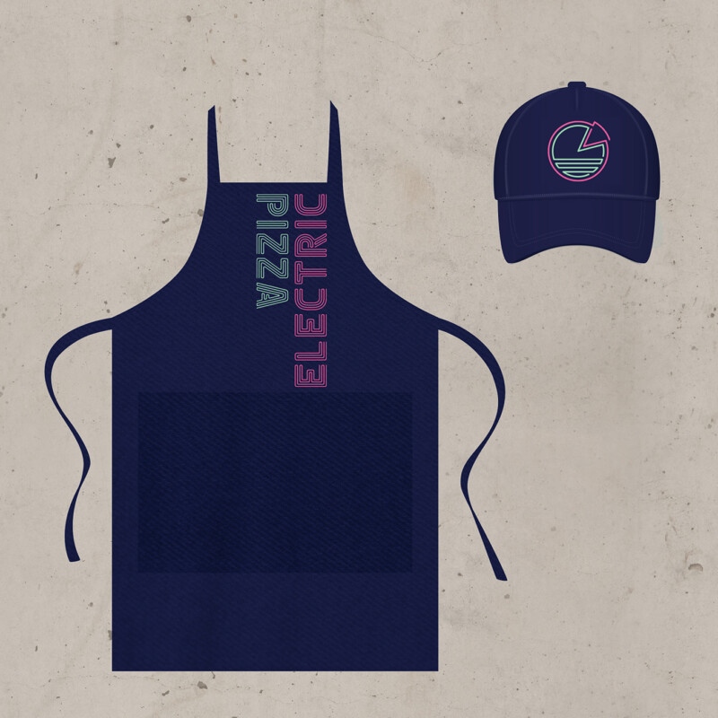 Durable PizzaElectric staff uniform embroidered aprons and cap made from recycled materials